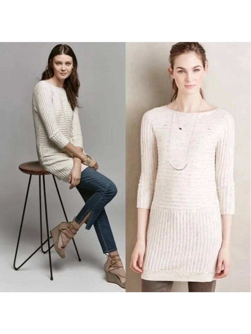 Anthropologie Moth Cream Ribbed Tunic Sweater Medium